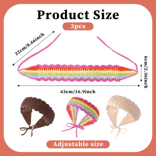 Psyqtsuary 3 Pcs Crochet Bandana Headbands Boho Headbands for Women Head Hair Scarf Headbands for Women Crochet Head Scarf Hair Bandanas for Women Styling Decor(Rainbow Beige Dark Coffee)
