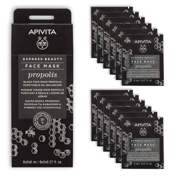 APIVITA Express Beauty Face Mask with Propolis & Charcoal & Green Clay - Purifying, Oil Balancing & Care for Oily to Combination Skin Prone to Acne- 12 Packettes x 0.27 Fl Oz