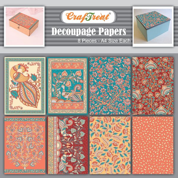 CrafTreat Folk Art Decoupage Paper for Furniture- Folk Art - Size: A4 (8.3 x 11.7 Inch) 8 Pcs - Peacock decoupage Paper - decoupage Paper Background - Decorative Paper for decoupage