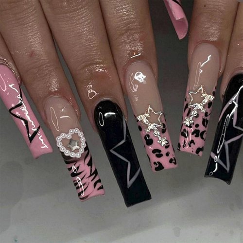 IMRAIN Long Press on Nails Square Pink French Tips Fake Nails with Star Charms & Heart Pearl Designs Glossy Glue on Acrylic Nails Full Cover Black Squoval Y2K False Nails for Women Girls 24Pcs