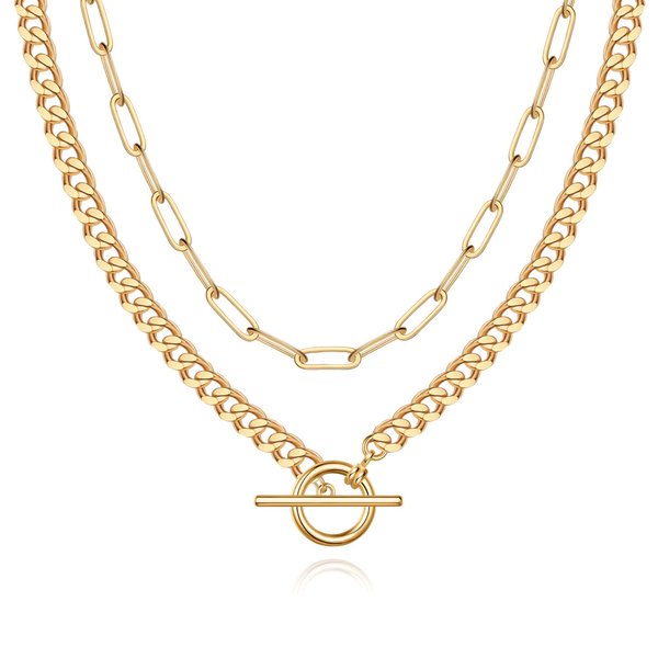 MJartoria Layered Gold Necklace for Women, 14K Gold Plated Trendy Chunky Chain Necklace, Toggle Clasp Chain Paperclip Chain Adjustable Layering Chain Necklace for Women Girls Gold Jewelry Gifts