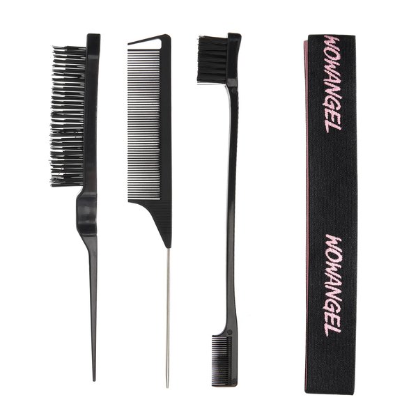 WOWANGEL 4PCS Hair Styling Brush Set, Teasing Hair Brush, Rat Tail Comb, Dual Edge Brush, Elastic Band for Edge and Back Brushing, Combing, and Slicking Black