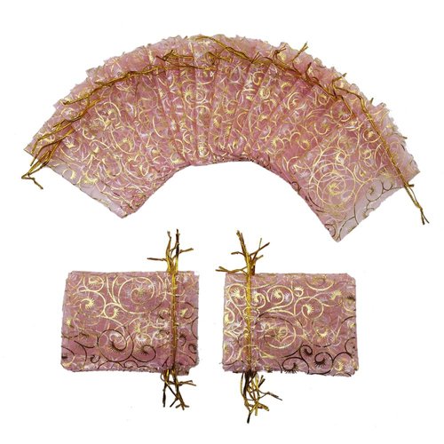 Ankirol 100pcs Sheer Organza Bag Eyelash Print Wedding Favor Bags 3.5x4.5'' Luxury Jewelry Candy Gift Card Bags with Gold Line Drawstring Pouches (Pink)