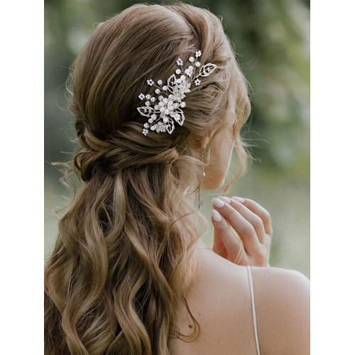 SWEETV Bridal Hair Comb Clip Pin Rhinestone Pearl Wedding Hair Accessories for Bride Bridesmaid, Silver
