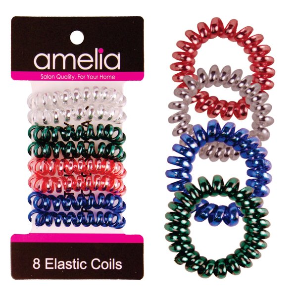 Amelia Beauty 1.5in Spiral Hair Ties - Pack of 8 Small Shinny Elastic Hair Telephone Cord Coils, Strong Hold, Gentle on Hair, Silver, Red, Blue, Green