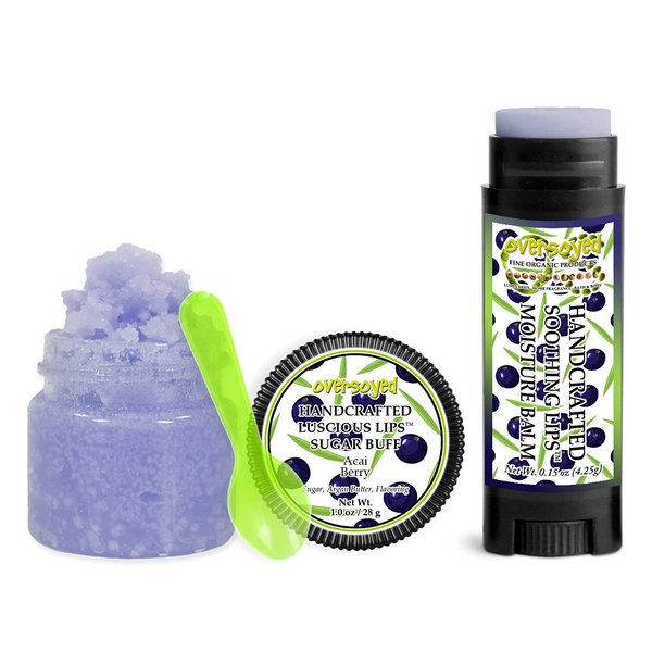 Acai Berry Soothing & Luscious Lips by OverSoyed Exfoliator & Chapped Lip Repair Lip Care Combo | Artisan Handcrafted to Order Strawberry Raspberry Boysenberry Peach Flavored Exfoliating Sugar Lip Scrub & Lip Moisturizer Balm Gift Set