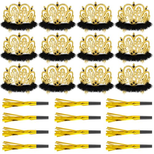 Leitee 24 Pcs 2025 New Years Eve Party Supplies Include 12 Happy New Year Headband Tiara Crow with Faux-fur 12 Squawkers Fringed Noisemakers for 2025 New Year Eve Christmas Party Supplies
