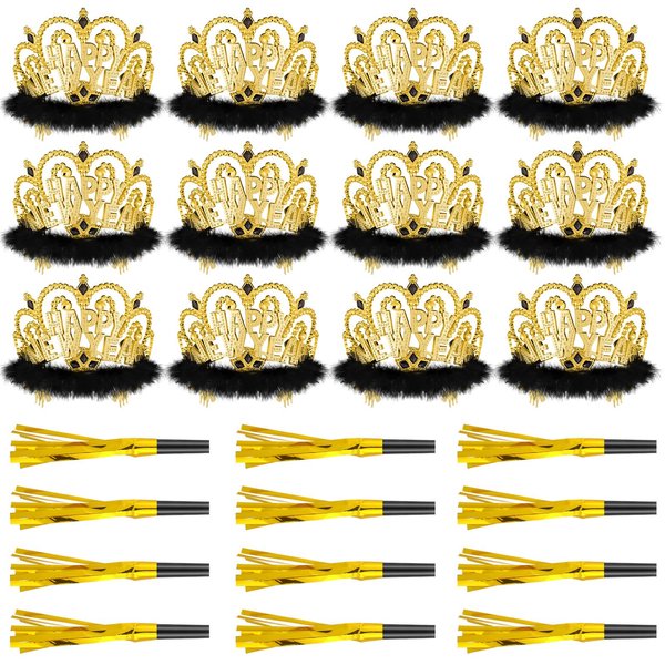 Leitee 24 Pcs 2025 New Years Eve Party Supplies Include 12 Happy New Year Headband Tiara Crow with Faux-fur 12 Squawkers Fringed Noisemakers for 2025 New Year Eve Christmas Party Supplies