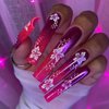 MISUD Extra Long Press on Nails Square Fake Nails Glossy Glue on Nails Squoval Acrylic Nails Pink Purple Ombre Artificial Nails White Flower Stick on False Nails with Bling Glitter Design 24 pcs