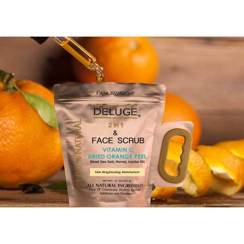 DELUGE - VITAMIN C SCRUB. DRIED ORANGE PEEL. DEAD SEA SALT, HONEY AND JOJOBA OIL. Net Weight 10 oz