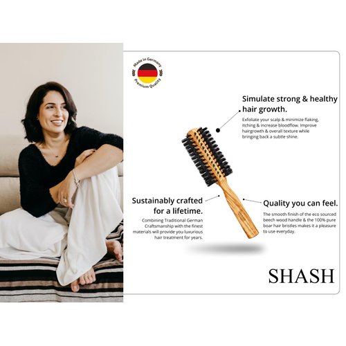 SHASH Boar Bristle Round Brush - Made In Germany | Volumize and Revitalize Your Hair with Softer, Smoother Results - Scalp Exfoliation and Stimulation - Eco-Sourced Olive Wood Handle