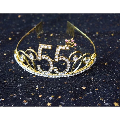 Dgasin 55th Birthday Tiara and Sash Happy 55th Birthday Party Supplies 55 Fabulous Black Glitter Satin Sash and Crystal Tiara Princess Birthday Crown for Women 55th Birthday Party Decorations