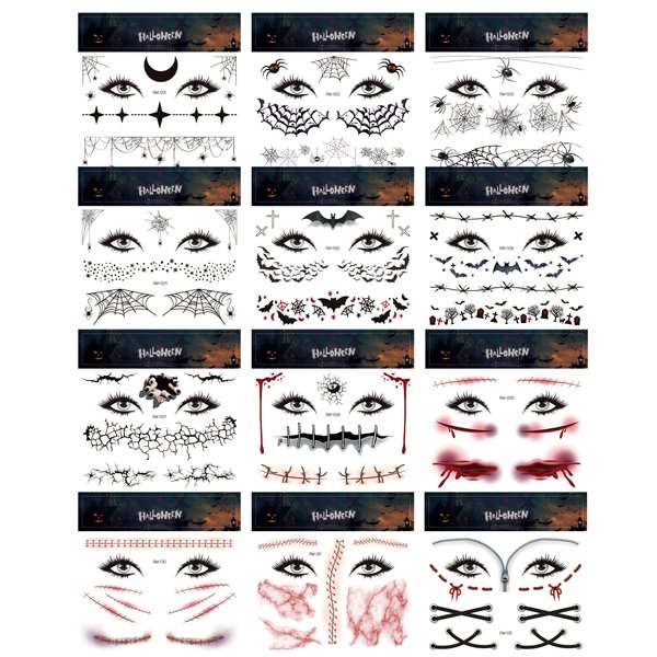 Kotbs 12 Sheets Halloween Temporary Tattoos, Spider Web and Bat Designs, Realistic Fake Bloody Wound and Scar Face Tattoos for Women, Men, and Kids - Perfect for Halloween Party and Cosplay