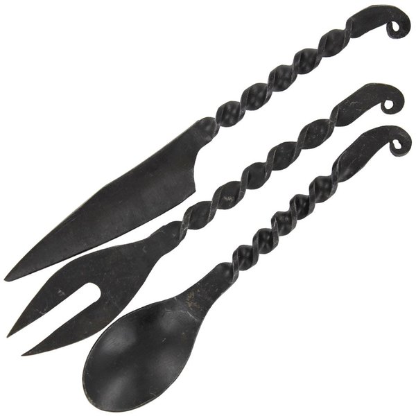 Armory Replicas™ Medieval- Inspired Iron Cutlery Set with Blackened Antique Finish - Knife, Fork, and Spoon for Authentic Camp Dining Experience