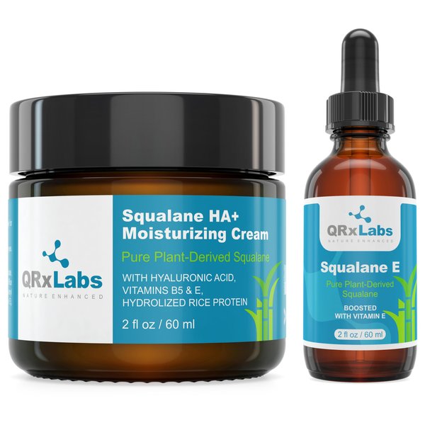 QRxLabs Pure Plant-Based Squalane Duo: Oil & Cream. Certified Organic ECOCERT/USDA, Sugarcane-derived. Nourishes Face, Body, Skin, & Hair - 2 fl oz / 60 ml eac