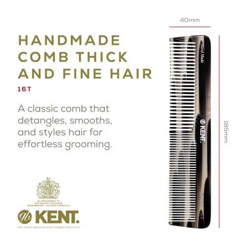 Kent 16T Fine and Wide Tooth Comb - Beard, Hair, Mustache, and Detangling Comb for Men and Women
