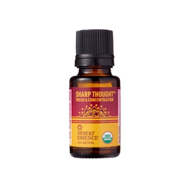 Desert Essence Organic Essential Oil - Sharp Thought - Focus & Concentration - .5 Fl Oz - Freshens Air - Promotes Peace & Comfort - Peppermint & Rosemary Oils - Certified USDA