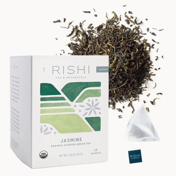 Rishi Tea Jasmine Green Tea - Herbal Tea Bags, Contains Caffeine, Jasmine Green Tea Bags, USDA Certified Organic, Jasmine Tea Bags, Floral Aroma & Taste, Organic Green Tea - 15 Sachets