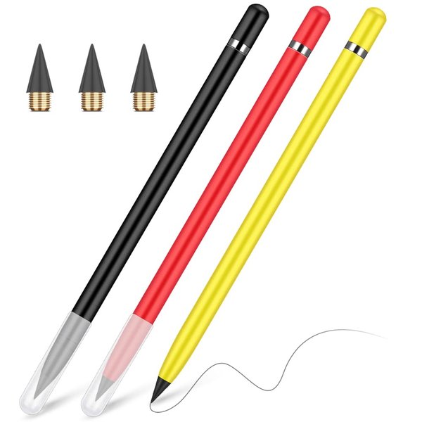 AUAUY 3 PCS Metal Inkless Pencil, Infinity Pencil, Reusable Everlasting Pencil, Replaceable Nib Pencil with 3 Replaceable Nib for Writing Drawing Home Office School Supplies(Black&Red&Yellow)