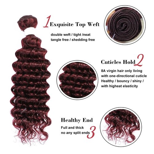 REMY HAIR Human Hair Bundles Red Deep Wave Bundles Colored #99j Burgundy Deep Weave One Bundle 12 Inch Brazilian Virgin Human Hair Extensions for Black Women