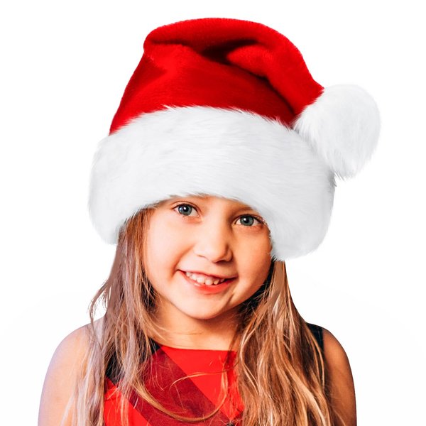 BOSONER Santa Hat,Xmas Holiday Hat for Kids,Unisex Velvet Comfort Christmas Hats Extra Thicken Classic Fur for Christmas New Year Festive Holiday Party Supplies