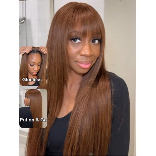 UNICE Yaki Straight Human Hair Wigs with Bangs Chocolate Brown Layered Cut Transparent Lace Glueless Wigs Human Hair Ready to Wear Wig 4# Brown Color 22 inch