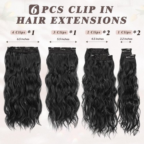 BARSDAR Clip in Hair Extensions for Women - 20 Inch Long Wavy Black Hair Extensions Clip in - 6PCs Full Head Thick Soft Synthetic Clip in Hairpieces Daily Party Halloween- Natural Black