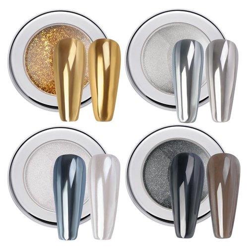 PrettyDiva Chrome Nail Powder Set- 4 Jars of Nail Chrome Powder Nail Art Mirror Glitter Effect Metal Chrome Powder in Gold, Silver, Black, and White