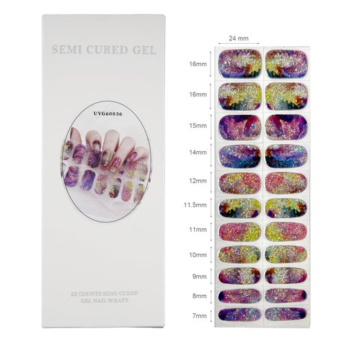22pcs Semi Cured Gel Nails Strips Tips UV Nail Stickers Polish Wraps-Works with UV Nail Lamp Light, 2 Prep Pads Nail File Wooden Stickers DIY Manicure Easy to Apply&Remove