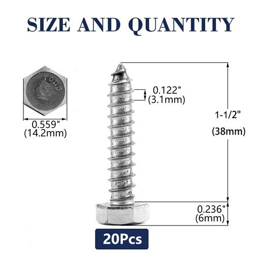 3/8" x 1-1/2" Hex Head Lag Screws Bolts 20Pcs 304 Stainless Steel 18-8, Partial Thread, Hexagon Head Wood Screws by SG TZH