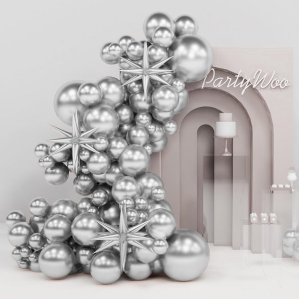PartyWoo Metallic Silver Balloons, 110 pcs 22 Inch Star Balloons and Silver Balloons Different Sizes Pack of 18 Inch 12 Inch 10 Inch 5 Inch for Balloon Garland, Birthday Decorations, Party Decorations