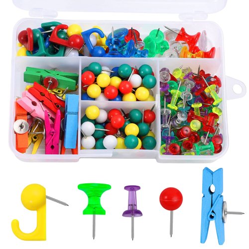 200 Pieces Colorful Push Pins, 5 Types Thumb Tacks Decorative Push Pins for Cork Board Bulletin Boards with Storage Box