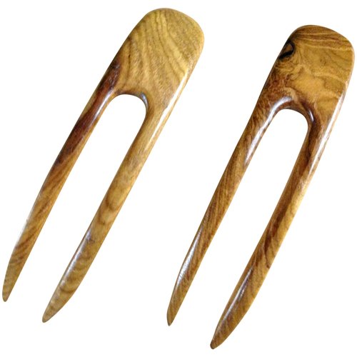 (2) Teak Wood Two Prong Curved 4.5 Inch Hair Stick Pick Pic Pin Fork