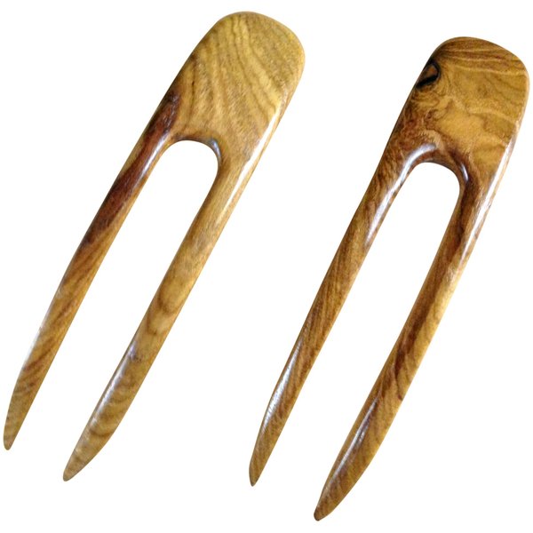 (2) Teak Wood Two Prong Curved 4.5 Inch Hair Stick Pick Pic Pin Fork
