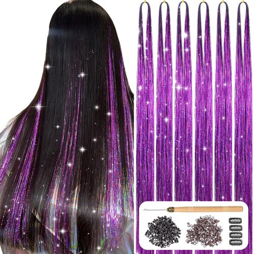 Nineibei Hair Tinsel Kit with Tools 6Pcs 1400 Strands Purple Tinsel Hair Extensions Fairy Hair Tinsel Heat Resistant Sparkling Shiny Glitter Hair Extensions for Women Girls Kids (Purple)