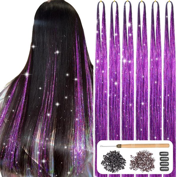 Nineibei Hair Tinsel Kit with Tools 6Pcs 1400 Strands Purple Tinsel Hair Extensions Fairy Hair Tinsel Heat Resistant Sparkling Shiny Glitter Hair Extensions for Women Girls Kids (Purple)