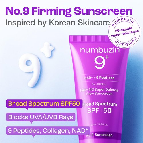 numbuzin No.9 Sunscreen | Super Defense Glow Sunscreen | Broad Spectrum SPF 50 | For All Skin Types & Skin Tones | Glowing, Dewy Finish, Water-Resistant | No White Cast, Korean Skincare | 1.69 fl. oz.