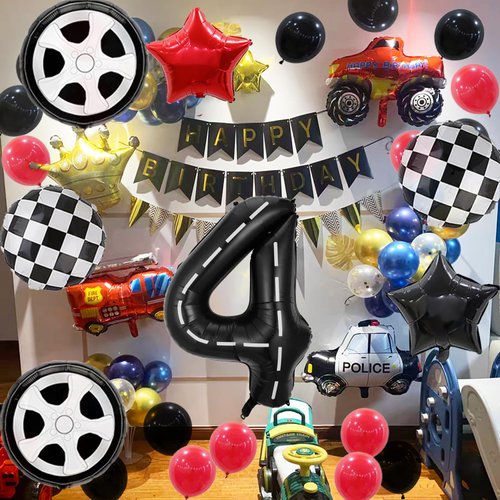 4rd Birthday Race Car Balloons Decorations, 40 Inch Racetrack Black Number 4 Balloon, Mylar Black 4 Balloon for 4rd Birthday Party Supplies, 7 Pcs