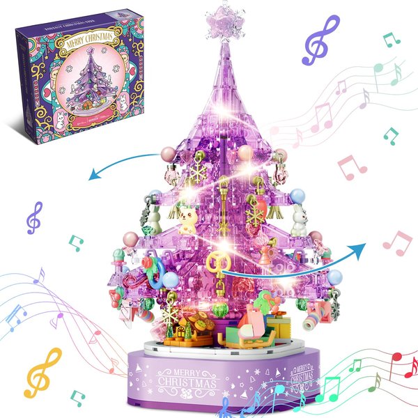 DOSCOR Purple Crystal Christmas Tree Building Blocks Set,Christmas Music Box with LED Light,Xmas Gift for Girls,Kids,and Adults