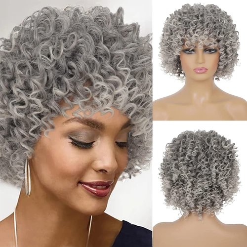 Tseses Short Curly Grey Wig for Women Kinky Fluffy Layered Gray Synthetic Wigs with Bangs Natural Looking Daily Cosplay Halloween Hair Wigs