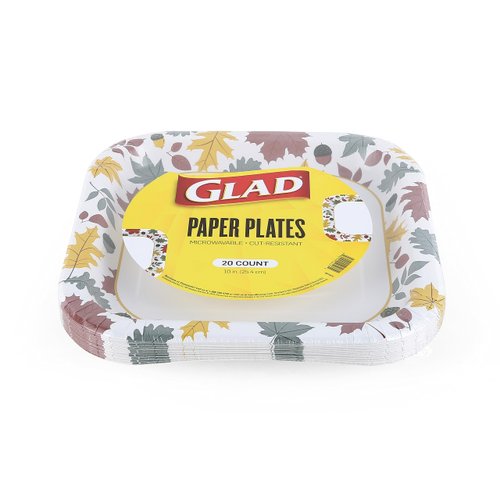 Glad Everyday Square Disposable Paper Plates with Falling Foliage Design | Cut-Resistant, Microwavable Paper Plates for All Foods & Daily Use | 10 Inches, 20 Count