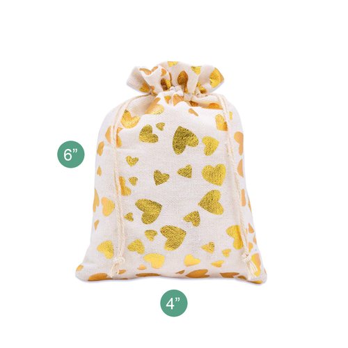 TheDisplayGuys For Your Modern Living 48pk - 4x6 Muslin Pouches with Drawstring - Presents, Party Favors, Samples (Golden Hearts, Small)