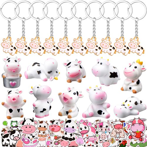 70 Pcs Cow Party Favors Supplies Mini Cute Cow Animals Miniature Figurines Toys Resin Cow Cake Toppers Cute Cow Keychain Colorful Cow Animal Metal Charms for Cake Decoration Garden Home Party Decor