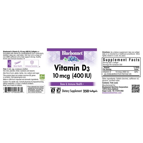 Bluebonnet Nutrition Vitamin D3 400 IU Softgels, Aids in Muscle and Skeletal Growth, Cholecalciferol from Fish Oil, Non GMO, Gluten Free, Soy Free, Dairy Free, 250 Softgels