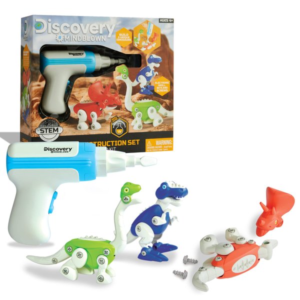 DISCOVERY #MINDBLOWN Dinosaur Construction Set, 90-Piece Action Model Build Kit, Kid-Safe Electronic Tools & Screws, Create T-Rex Triceratops, Prehistoric Monster Learning STEM Toy For Paleontologists