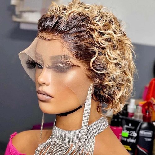 SHAMZBEST 6 inch Short Curly Lace Front Wigs Human Hair 13X1 Pixie Cut Short Curly Human Hair Wigs Pixie Cut HD Lace Front Wigs Human Hair Plucked Bleached Knots Pixie Cut Wigs for Black Women (T27#)