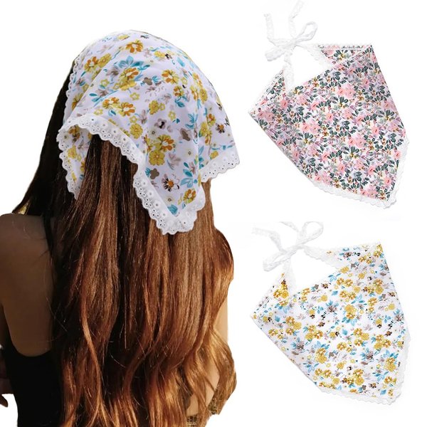 Urieo 2 Pcs Floral Head Scarf Headband Boho Chiffon Hair bandana Triangle Hair Scarf Head Bandana Party Daily Tie-Back Head Kerchief for Women and Girls