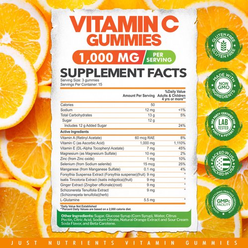 Vitamin C 1000mg Gummies for Adults & Kids – Multivitamin with Zinc & Herbal Extracts for Immune Support & Collagen Support for Skin – Orange Flavor – Gluten Free, Non-GMO, Vegetarian – 45 Gummies