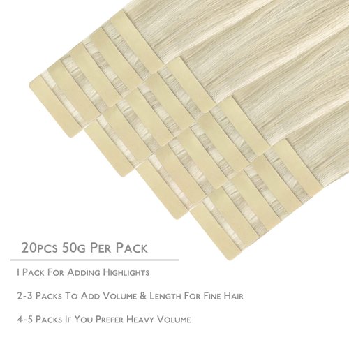 WENNALIFE Tape in Hair Extensions Human Hair, 20pcs 50g 22 inch Ash Blonde Highlighted Platinum Blonde Remy Hair Extensions Straight Human Hair Tape in Extensions Skin Weft Tape Extensions Human Hair