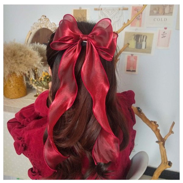 Allereyae Vintage Long Silk Bow Hair Clip Barrette Ribbon Mesh Bow Head Clip Headwear Red Chiffon Bowknot Headpieces Silk Bow Hair Accessories for Women (Red)